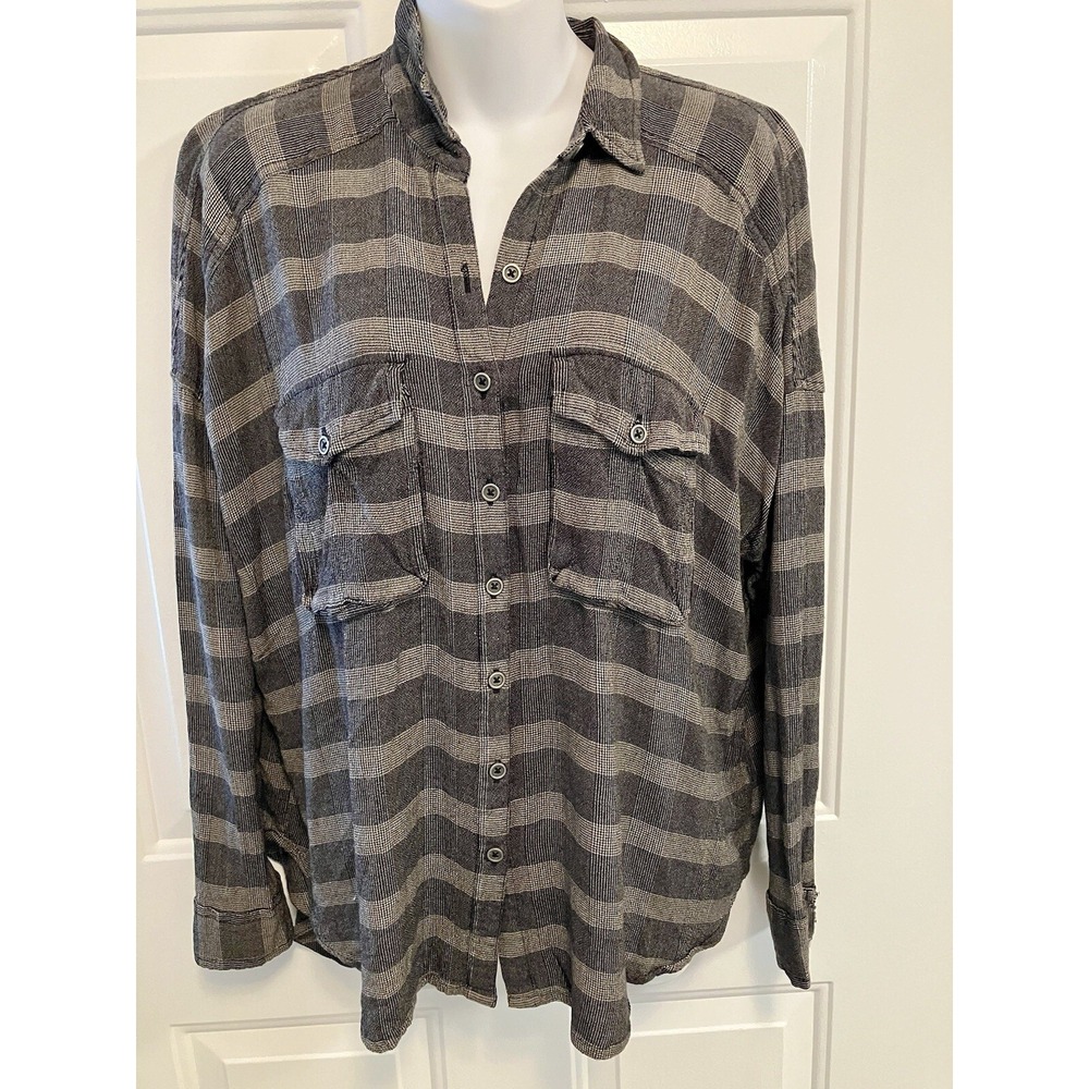 Free People‎ Button Up Shirt Womens XS Small Black Gray Striped Long Sleeve